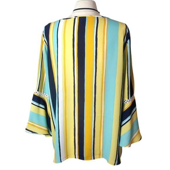 C est Womens Blouse XL V-Neck Yellow Striped Hippi Bell Sleeves Tie Front Boho - Picture 3 of 6